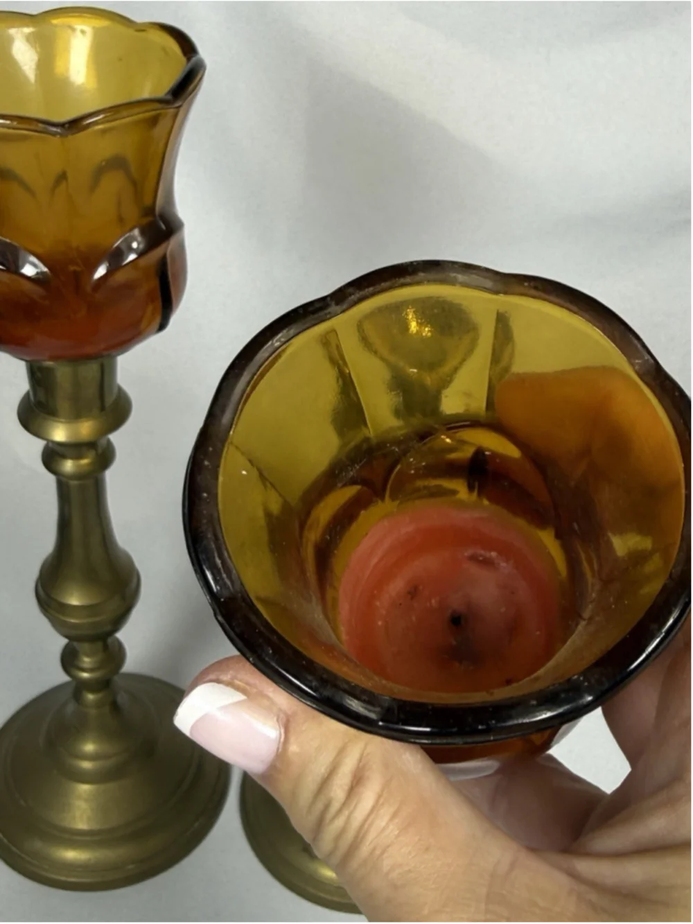 Pair Solid Brass Candlesticks Amber Glass Tulip Votive Holders Made In India